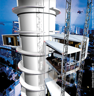 "迪拜旋转塔"每层楼之间都装有风力涡轮机提供动力.